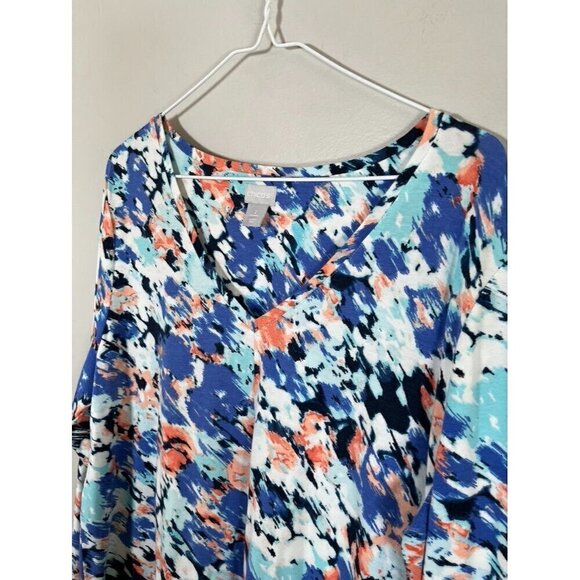 Chicos Top Women L Blue Tunic Floral Boho Western Office Coastal Classic Knit - Picture 6 of 12